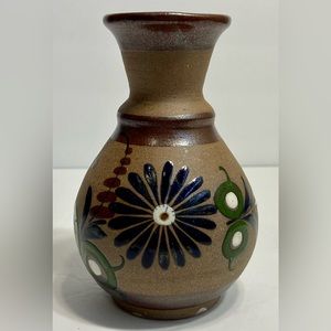 Tonala Mexican Pottery Folk Art Floral Sandstone Vase - Hand-painted 6” Tall